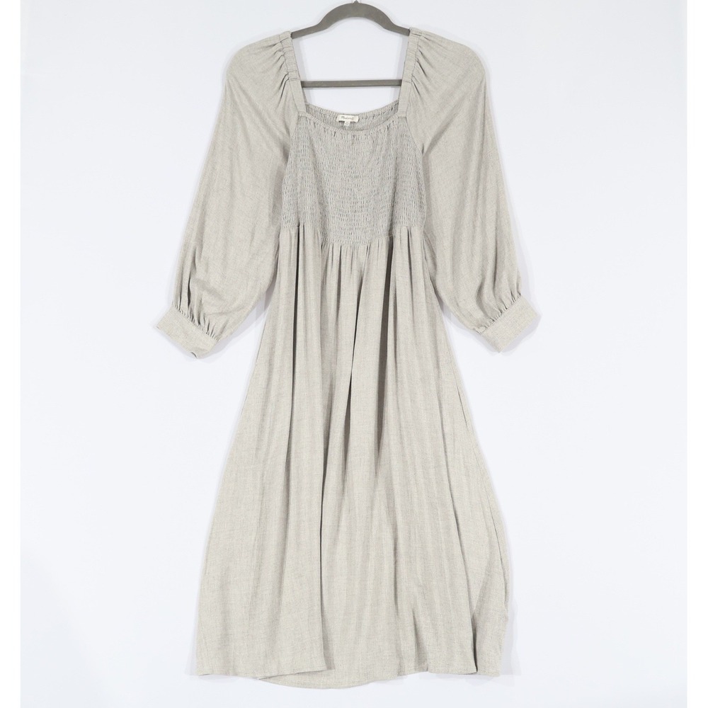 Madewell Smocked Midi Dress Womens XL Grey Wool Gauze Peasant Cottage $75 NWT